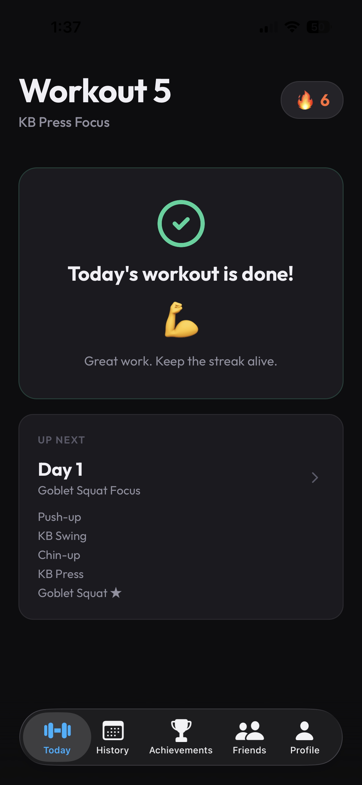 Simple Six Tracker Today screen showing a completed workout and a 6-day streak