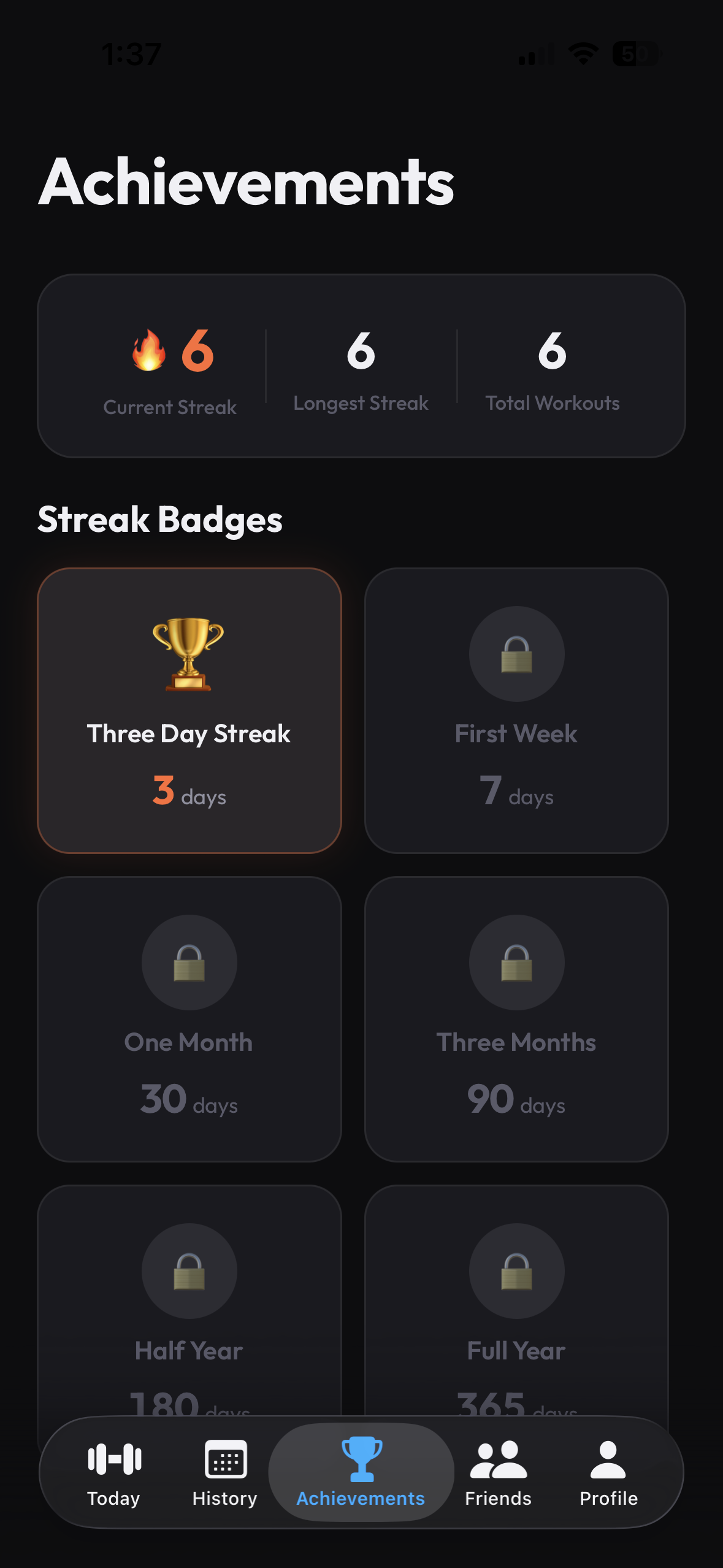Achievements screen showing streak stats and locked and unlocked badges